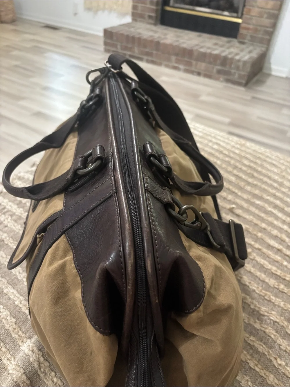 Fossil Duffel Waxed Canvas Weekender Travel Bag Brown Leather Wax Patina